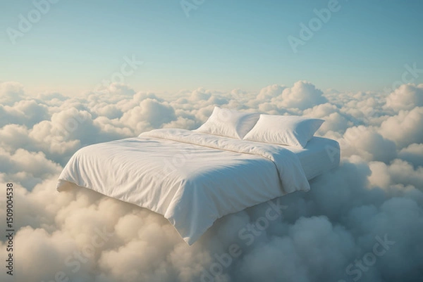 Fototapeta Serene bed floating on soft clouds creates dreamlike atmosphere, inviting relaxation and tranquility