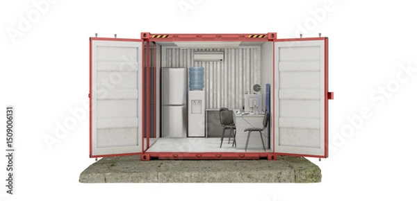 Obraz Front view of container office interior isolated on transparent background. 3D illustration.