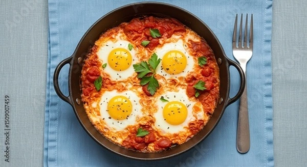 Obraz Shakshuka with Four Eggs Served in Frying Pan Over Blue Cloth Texture Delicious Meal Preparation