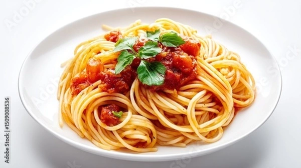 Fototapeta Photograph of spaghetti with tomato sauce and basil garnish served on a white plate.