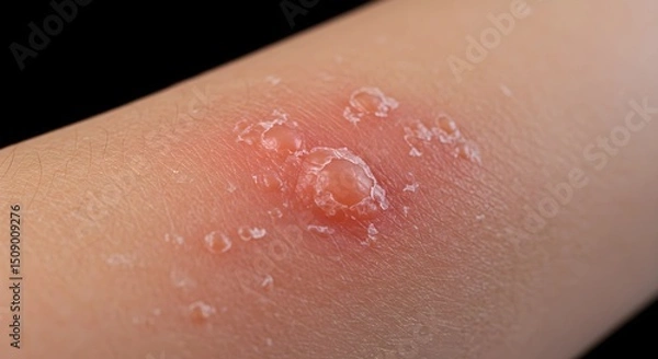 Fototapeta Close-up of itchy rash on forearm with red blisters and irritation  