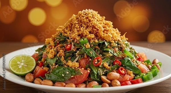 Obraz Delicious Tea Leaf Salad with Peanuts Tomatoes Peppers Isolated on Brown Background Food Photography