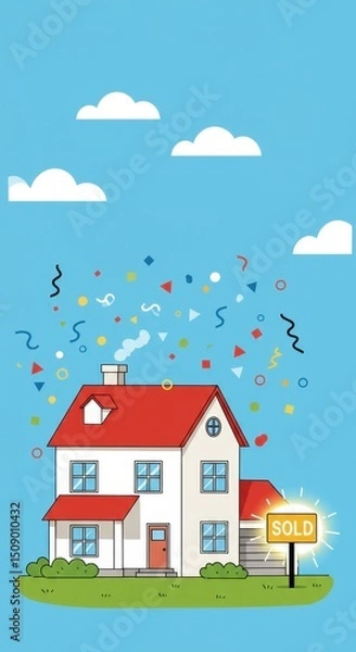 Fototapeta A happy house with a red roof displays a sold sign while colorful confetti floats in the air