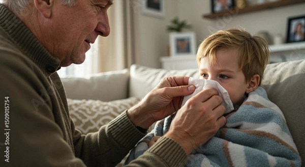 Fototapeta Elderly man caring for boy with tissue while sitting on sofa at home  