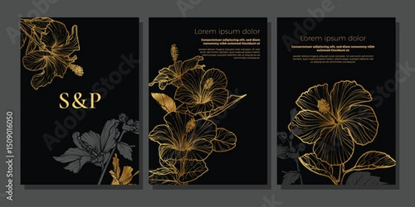 Obraz Luxury black and gold wedding A4 vector card and invitation templates. Hand drawn hibiscus flowers decorating these elegant print and online graphic assets