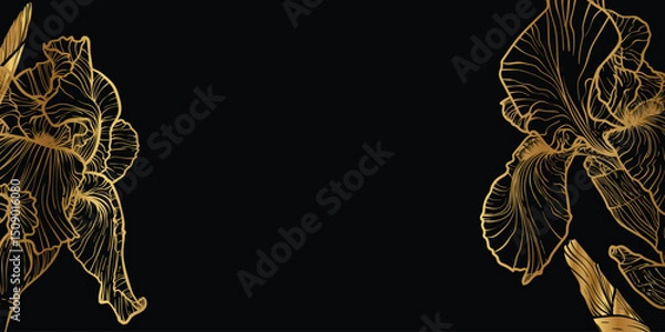 Obraz Abstract floral background with golden line art iris. Hand drawn luxurious iris banner with flower frame, border. Vector design of card, banner, invitation, advertising and packaging