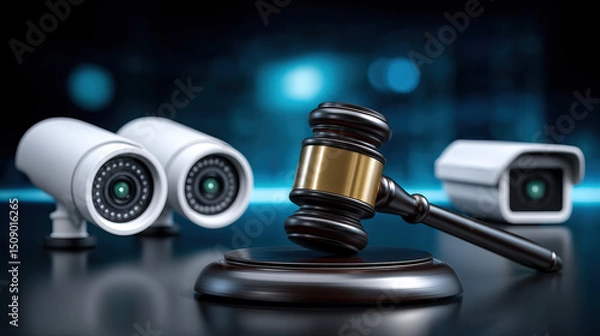 Fototapeta Security camera and judge gavel symbolize privacy law protecting against violation