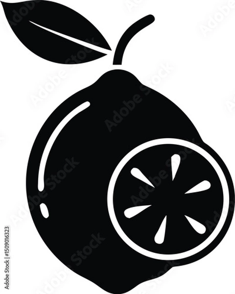 Obraz Black lemon with leaf and slice shows a fresh, tart symbol on transparent background
