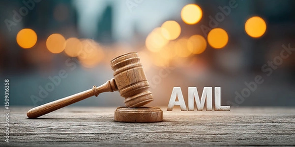 Fototapeta Wooden gavel on table with blurred lights background representing anti money laundering aml law and justice concept