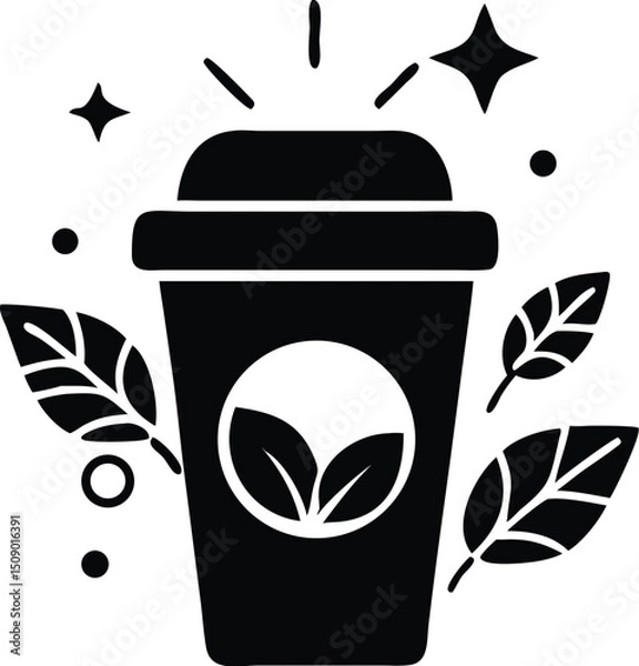 Obraz Black silhouette showcases a tea beverage in a takeaway cup, surrounded by leaves and stars against white