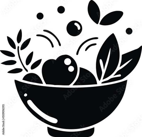 Obraz Black silhouette showcases a bowl filled with botanical elements like leaves and berries on white