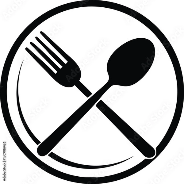 Obraz Crossed fork and spoon inside plate depicts monochrome dining symbol with transparent background