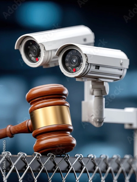 Fototapeta Security camera and wooden gavel symbolize privacy law and violation protection in surveillance systems