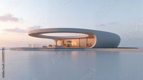 Fototapeta Modern Architectural Structure with Circular Design and Water Reflection

