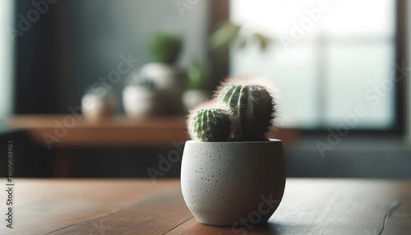 Obraz Small Cactus in Grey Pot on Wooden Table Near Window