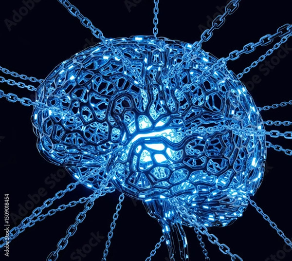 Obraz neural network, digital brain, deep learning, concept of artificial intelligence, abstract technologies, data visualization Brain made of blue glowing circuits or neural network machine learning