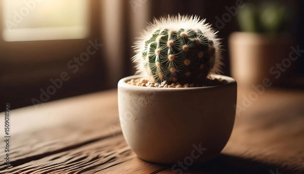Obraz Fluffy Cactus in a Pot on Wooden Table, Sunlight