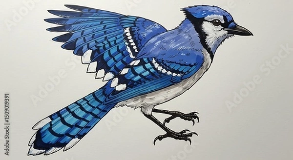 Obraz Blue Jay Illustration with Detailed Feathers Spreading Wings