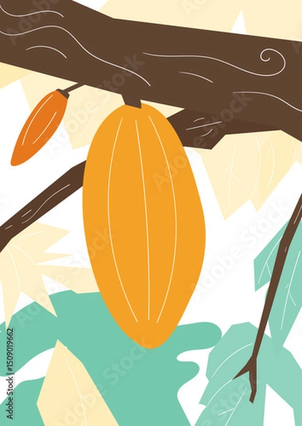 Fototapeta cocoa fruits on a branch, flat illustration