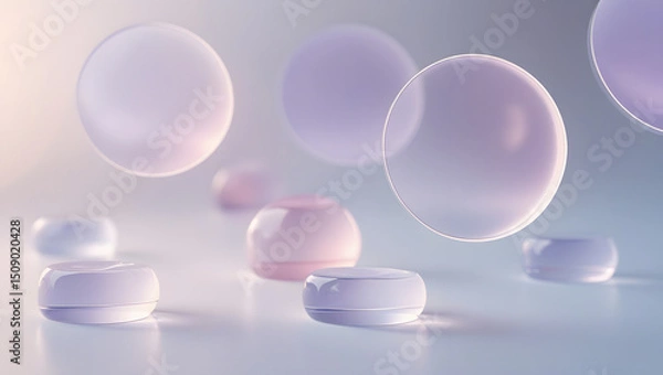 Fototapeta 4K abstract soft-focus circles wallpaper, transparent floating shapes, pale pastel colors (lavender, blush pink, powder blue), white background, ultra minimal and clean, soft glowing edges