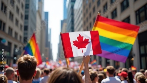 Obraz Celebrating pride canadian lgbtq+ parade in downtown city vibrant atmosphere colorful flags in view