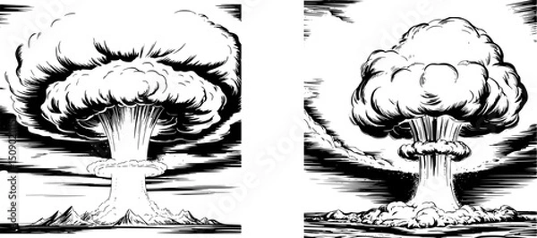 Obraz Atomic bomb explosion Armageddon Vector Set - Nuclear Bomb Explosion, Hydrogen Blast & Mushroom Cloud in High-Contrast Black/White, Doomsday Warfare Illustration for Posters & Media