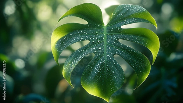 Obraz Lush Green Monstera Leaf with Dew Drops A Vibrant Tropical Image