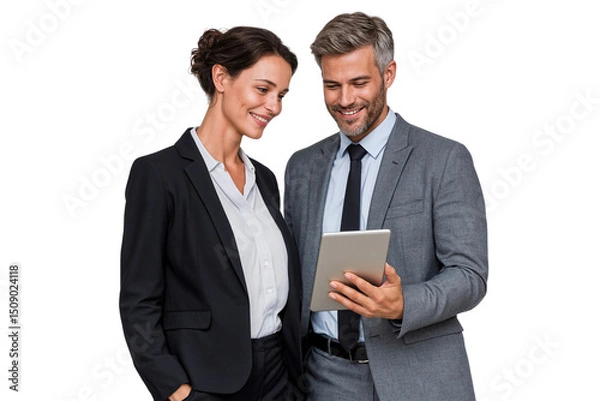 Fototapeta Two business people in office collaborating while using a digital tablet, representing teamwork and modern business communication, transparent png