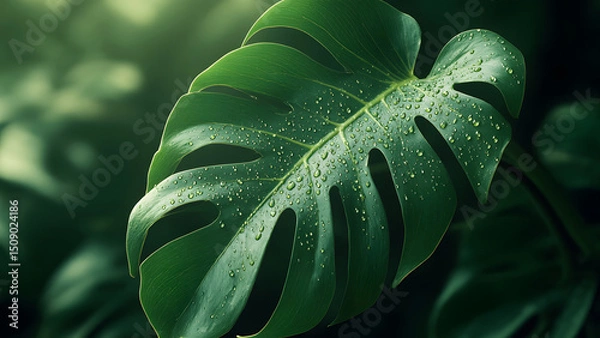 Obraz Lush Green Monstera Leaf with Water Droplets A Close-Up View of Nature's Beauty