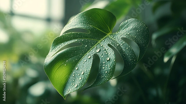 Obraz Lush Green Monstera Leaf with Dew Drops A Close-Up View of Nature's Beauty