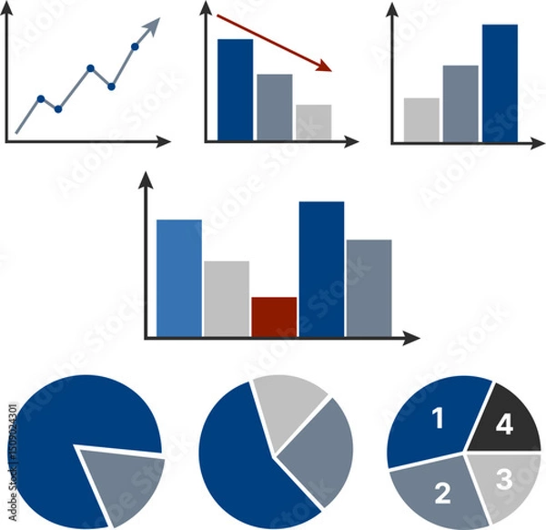 Obraz Business Chart and Graph Icon Pack. Infographic Elements with Line Charts, Bar Graphs, Pie Diagrams and Financial Analytics for Data Visualization, Strategy Planning and Financial Presentation Use