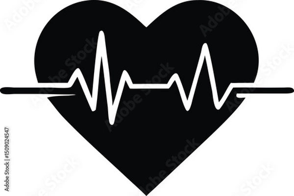 Obraz The black heart contains a white heartbeat waveform running horizontally through the center, transparent background