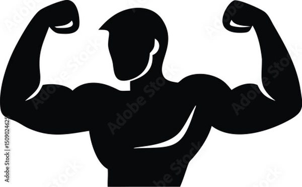 Obraz Muscular man shows off biceps in a black silhouette on a transparent background