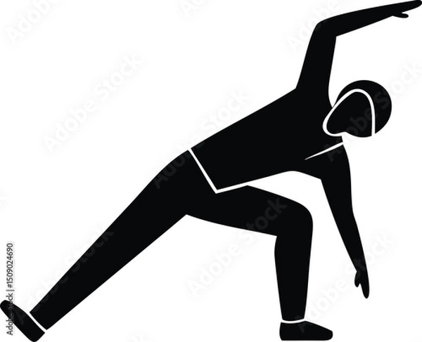 Obraz A silhouetted person stretches laterally with one arm reaching upward against a transparent background