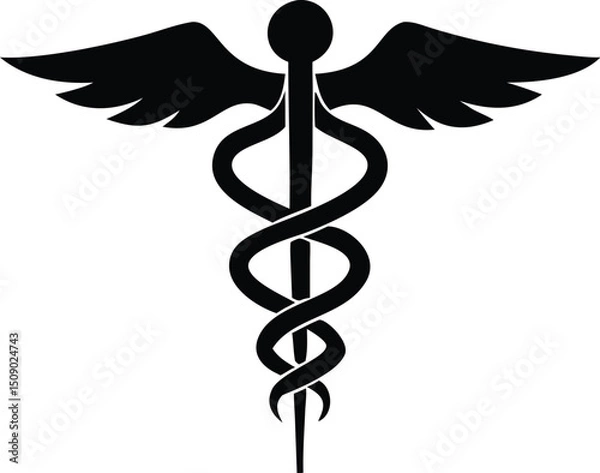 Obraz Black caduceus symbol shows entwined snakes and wings on a white transparent background