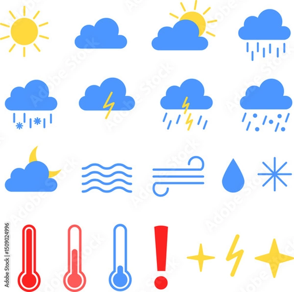 Obraz Weather and Forecast Icon Collection. Bright Colorful Set with Sun, Clouds, Rain, Wind, Thermometers, Storm Alert Symbols for Mobile App UI, Forecast Screens, Seasonal Reports and Weather News Design