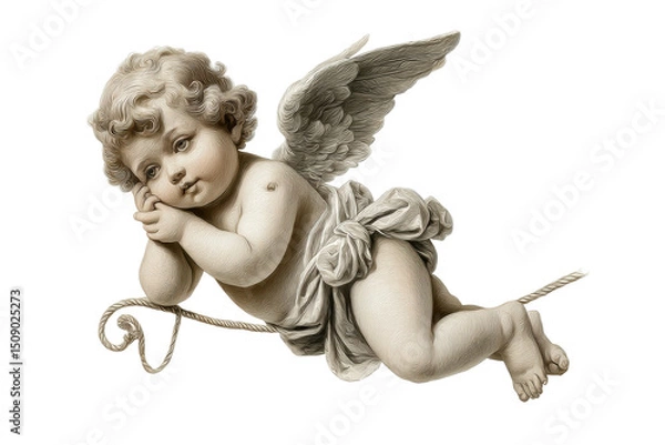 Obraz PNG Classical cherub figure: winged putto sculpted in marble