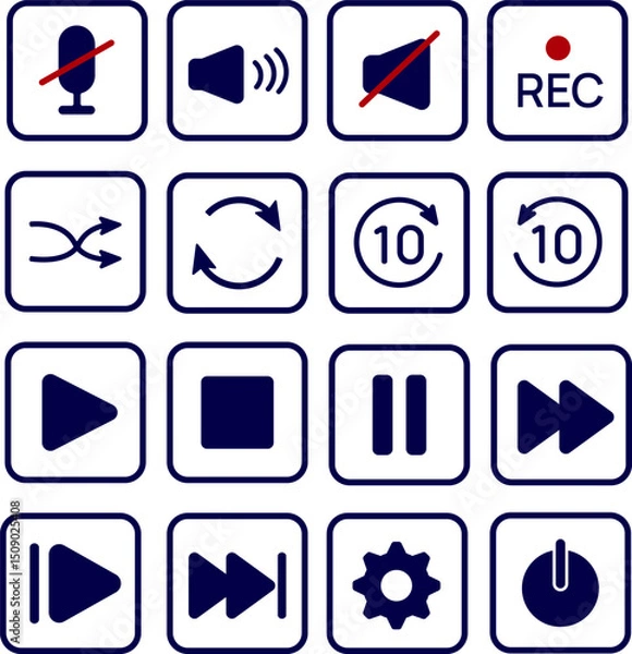 Obraz Media Control Button Icon Set. Interface Symbols Including Play, Pause, Repeat, Shuffle, Volume, Record, Power and Settings for Streaming UI, Audio Players, Podcasts and Digital Remote Control Design