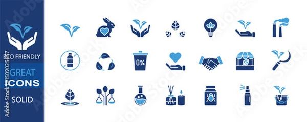 Fototapeta A modern solid icon set representing eco-friendly concepts such as sustainability, organic living, biodegradable materials, and environmental protection. Perfect for environmental product labels