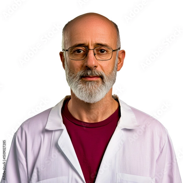 Fototapeta Serious man with glasses and beard wearing lab coat, cut out transparent