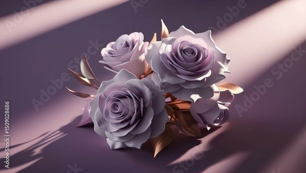 Fototapeta Elegant lavender and light pink  roses on a soft purple background, realistic shadows, soft lighting, top-down view, modern floral arrangement with high resolution

