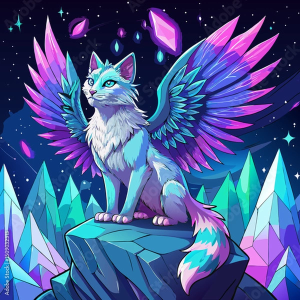 Fototapeta Fantasy Cat with Wings on Crystal Mountain under a Starry Night