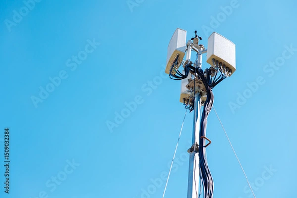 Fototapeta omni setup outdoor wifi, wireless internet network access point tower, 5G antenna against clear blue sky