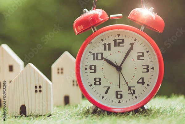Fototapeta time alarm clock with miniature wooden home model outdoor for times to move or buy new home concept