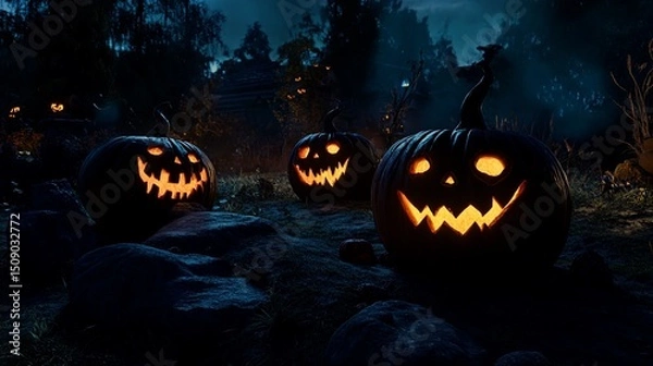 Obraz Halloween Night: Glowing Jack-o'-lanterns Illuminate the Dark Forest