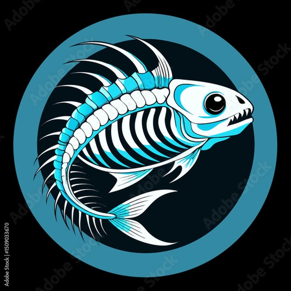 Fototapeta Stylized Fish Skeleton Illustration in Teal and White