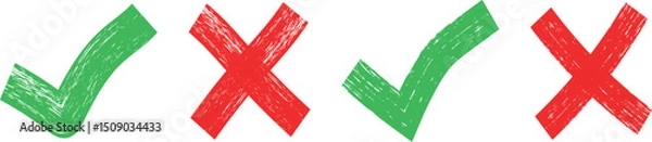 Fototapeta Set of a grunge green check marks and  red cross signs, check marks doodle set. brush correct or incorrect sign. yes and no elements