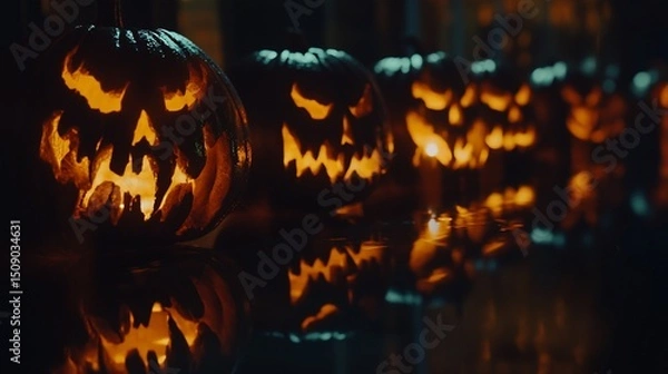 Obraz Spooky Halloween Night: Jack-o'-lanterns Glowing in the Dark