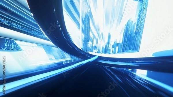 Obraz Futuristic Cityscape: Hyperloop Travel Through a Neon Blue Metropolis