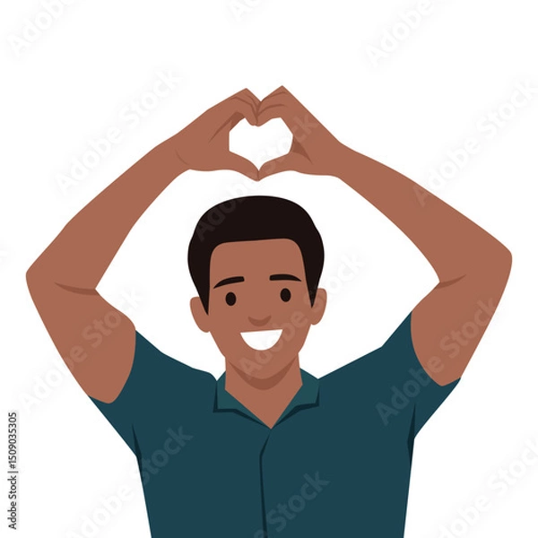 Fototapeta Cheerful man smiling while forming a heart shape with his hands above his head. Flat vector illustration isolated on white background